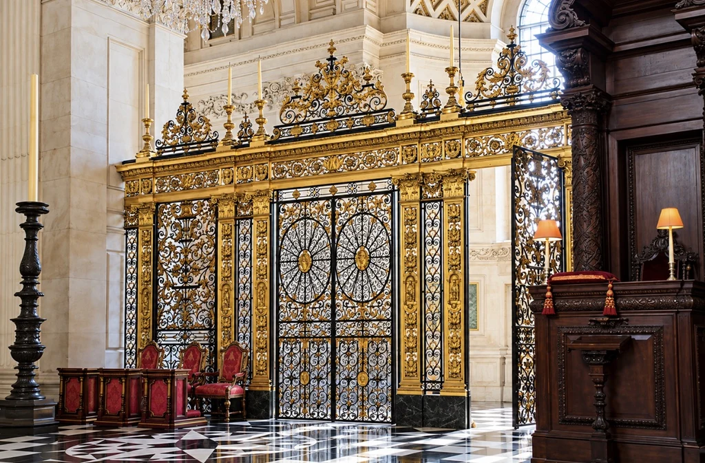 Wide view of gilded chancel gates at St Paul's Cathedral above a black and white marble floor