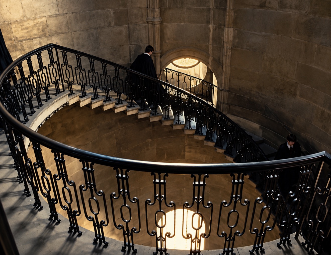 Owner-identified Prisoner of Azkaban photograph of robed figures on a spiral staircase