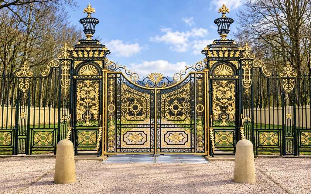 Full landscape view of black and gold gates at Chatsworth House
