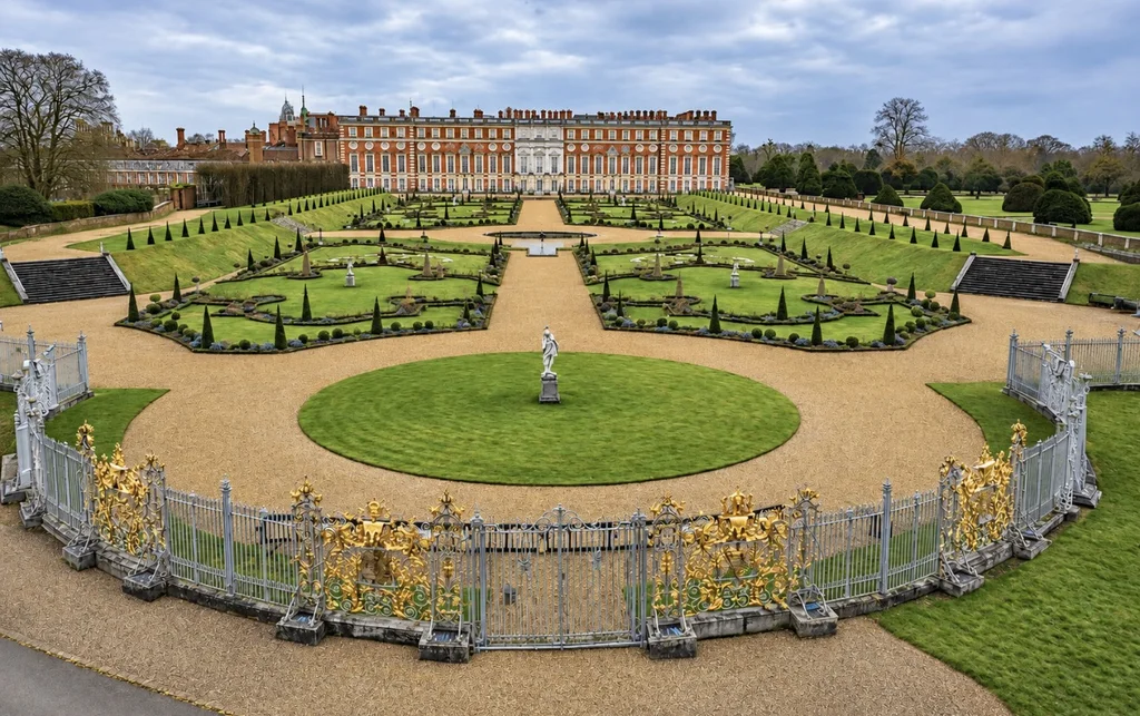 Hampton Court Privy Garden — a location photograph, not a frame from Bridgerton