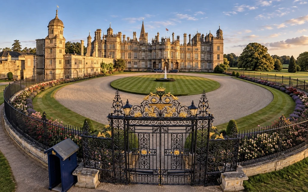 Burghley House and circular forecourt beyond black and gold ornamental gates