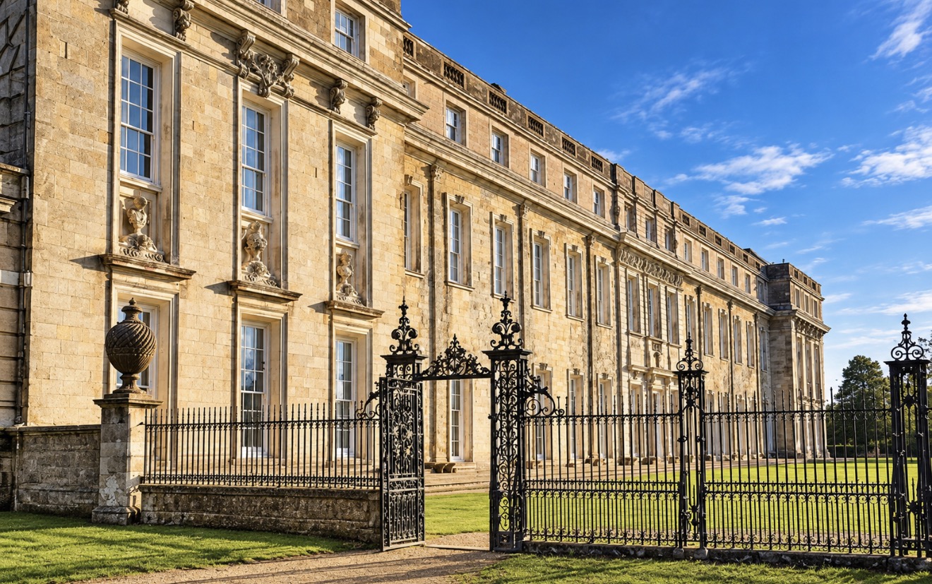 Petworth House façade with ornamental gates and railings
