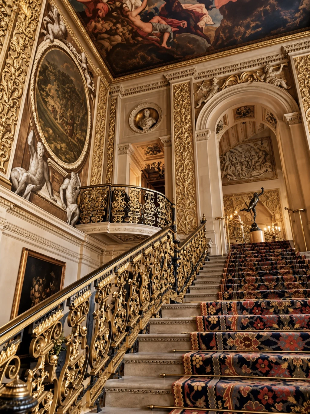 Close view of gilded scrolling balustrades on the Great Stairs at Chatsworth House