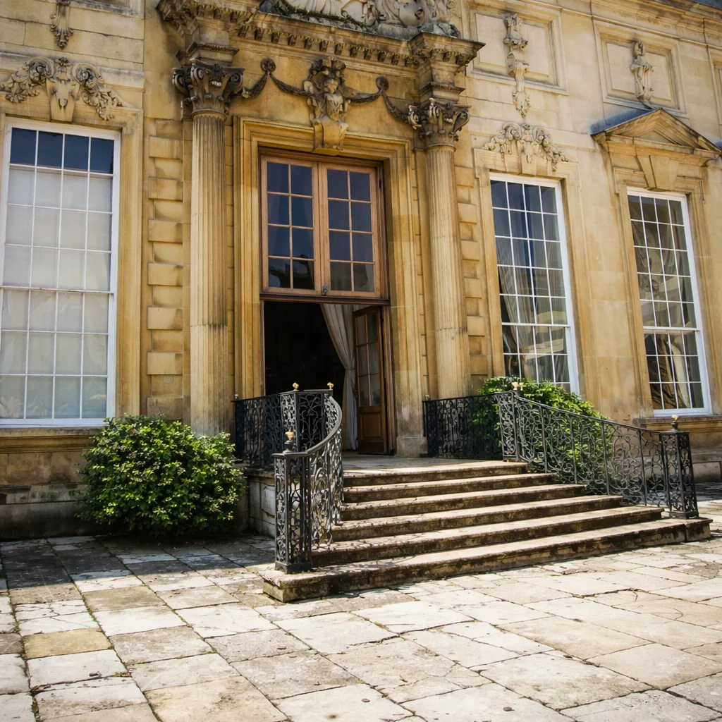 Ornamental iron railings beside the stone entrance steps at Drayton House