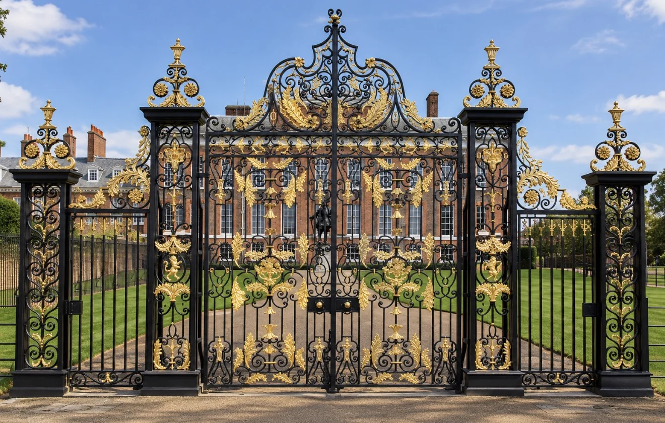 Full view of gilded Kensington Palace gates with the red brick palace behind