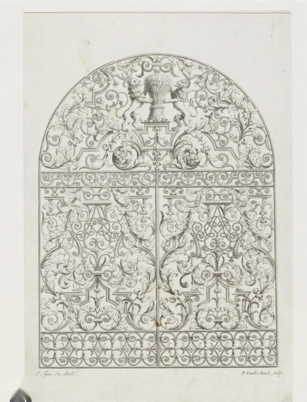 An engraved ornamental arched iron screen from Tijou’s drawing book