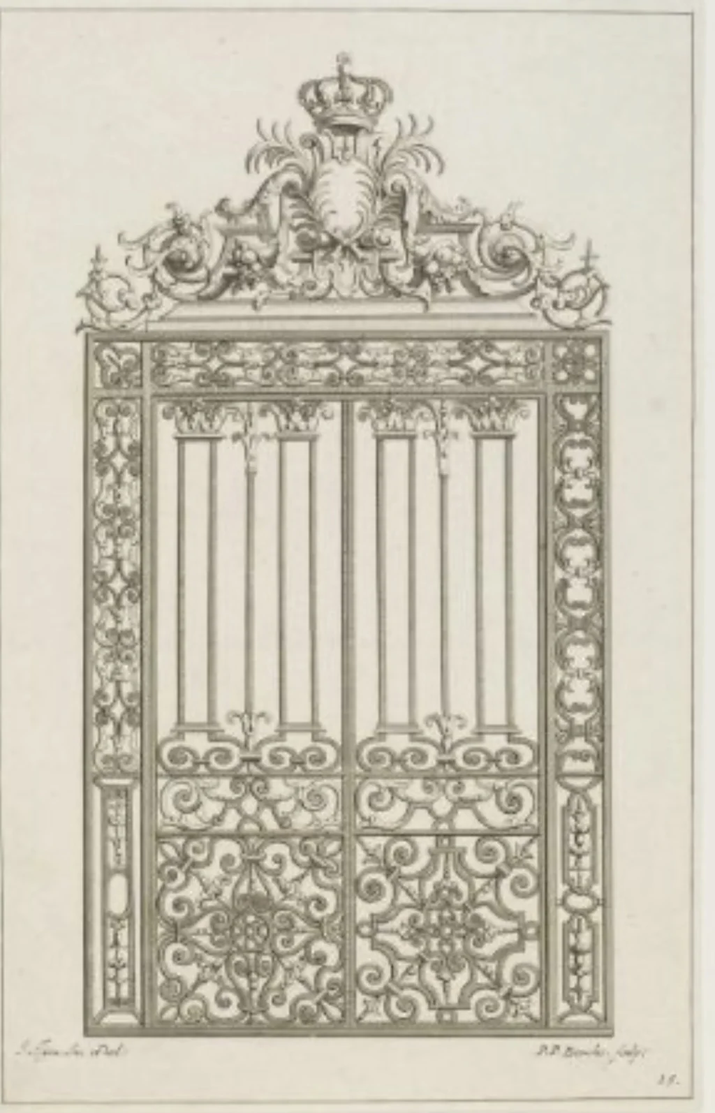 An engraved crowned gate with elaborate scrolling ornament