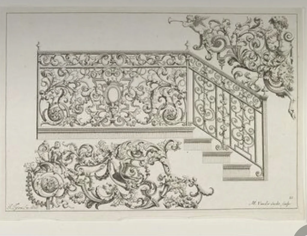 An engraved design for a scrolling staircase balustrade